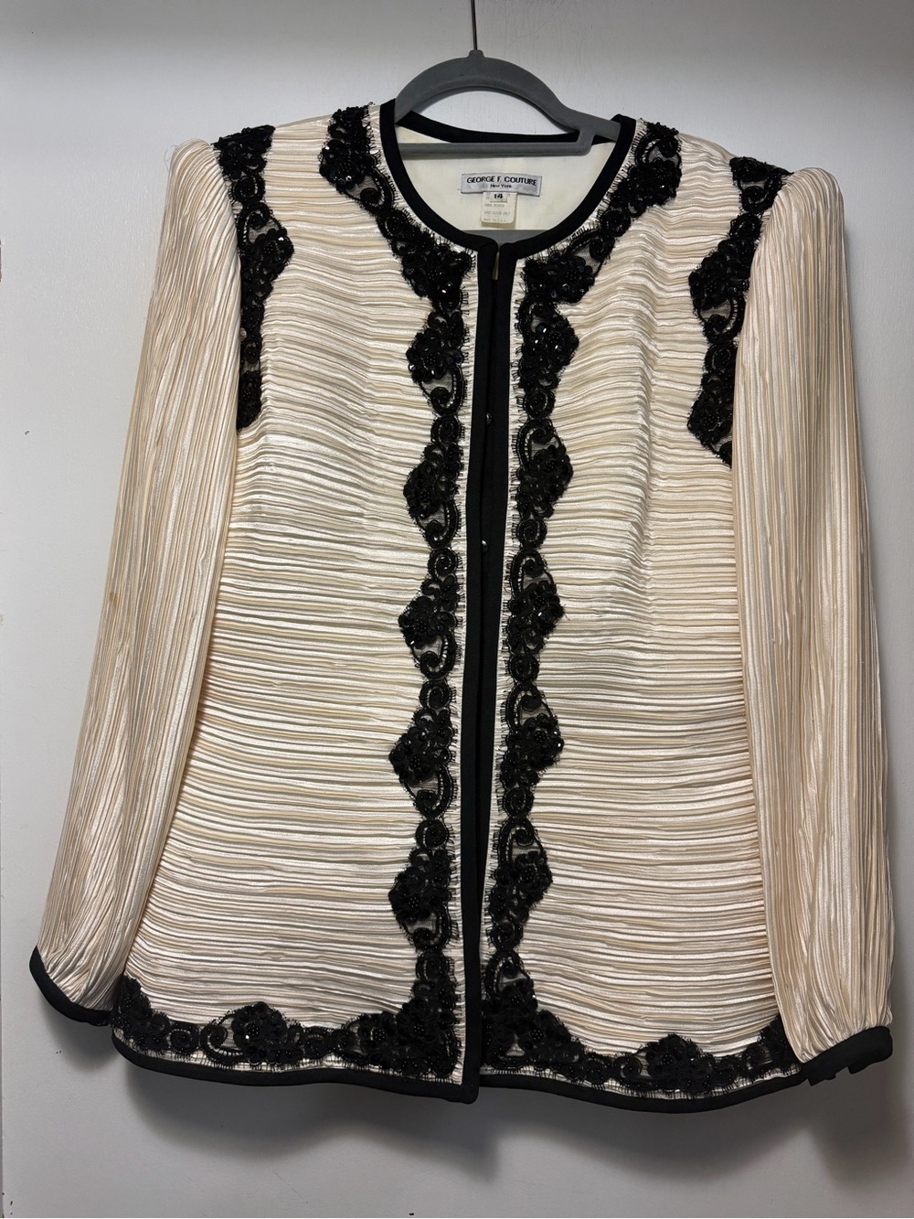 Stunning Vintage Cream Pleated Jacket with Black Lace Beaded Trim Evening Blazer